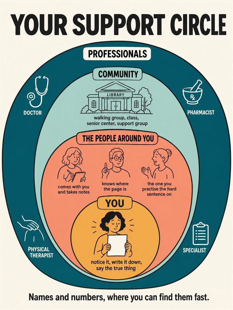 Concentric support rings — self, trusted people, community, professionals — shown through people and symbols, no words.