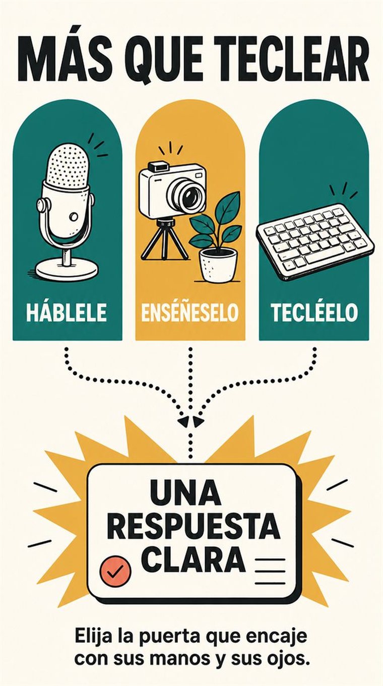 Una persona mayor usa una tableta para convertir una pregunta práctica en una respuesta clara, con señales visuales sencillas de pregunta, ajuste y comprobación.