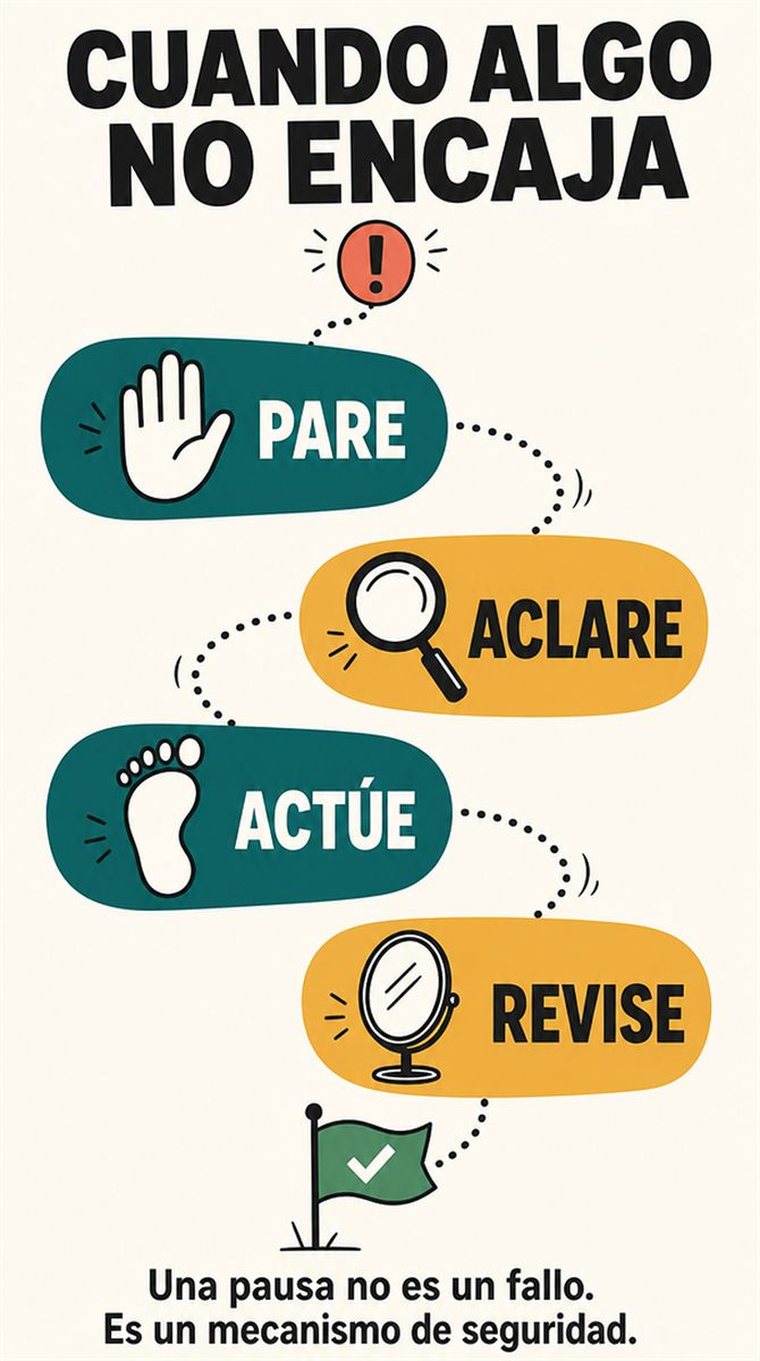 Un camino de decisión de cuatro etapas — parar, aclarar, actuar, revisar — mostrado como cuatro estaciones visuales por las que avanza una persona mayor tranquila, sin palabras.