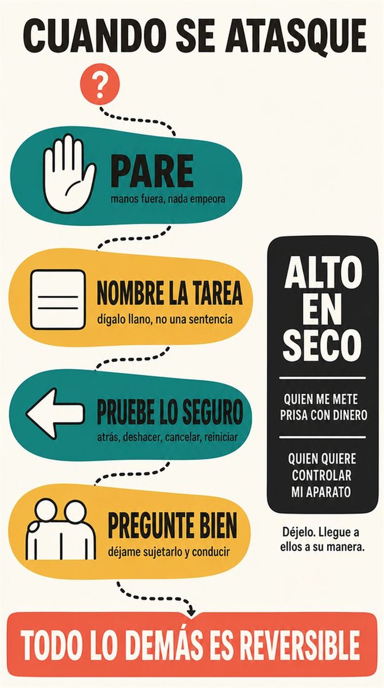 Un camino de decisión de cuatro etapas mostrado como estaciones visuales por las que avanza con calma una persona mayor, sin palabras.