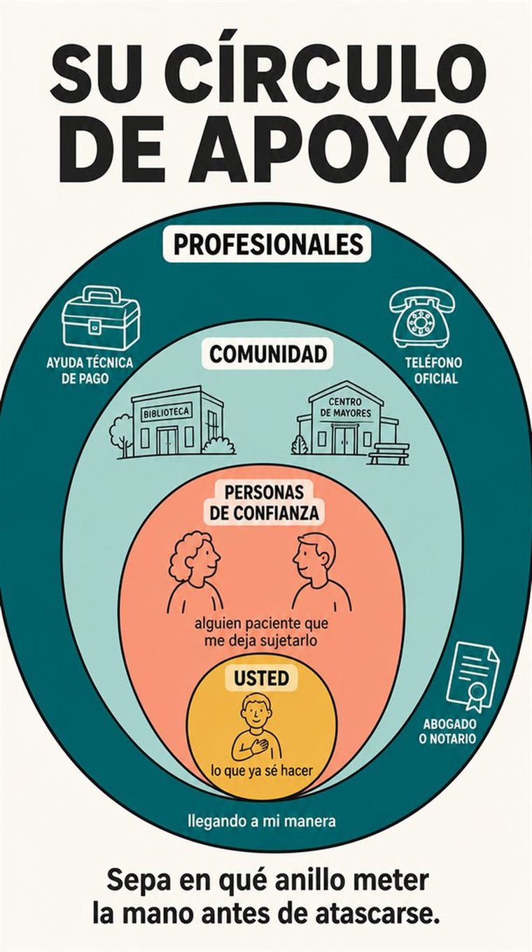 Anillos concéntricos de apoyo — usted, personas de confianza, comunidad y profesionales — mostrados mediante personas y símbolos, sin palabras.