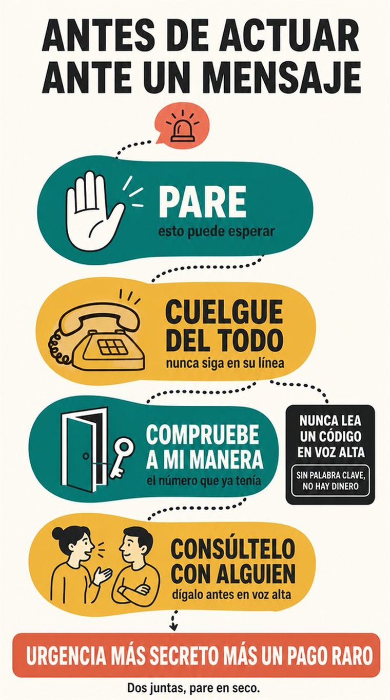 Un camino de decisión en cuatro etapas, representado como cuatro estaciones visuales por las que avanza con calma una persona mayor, sin palabras.