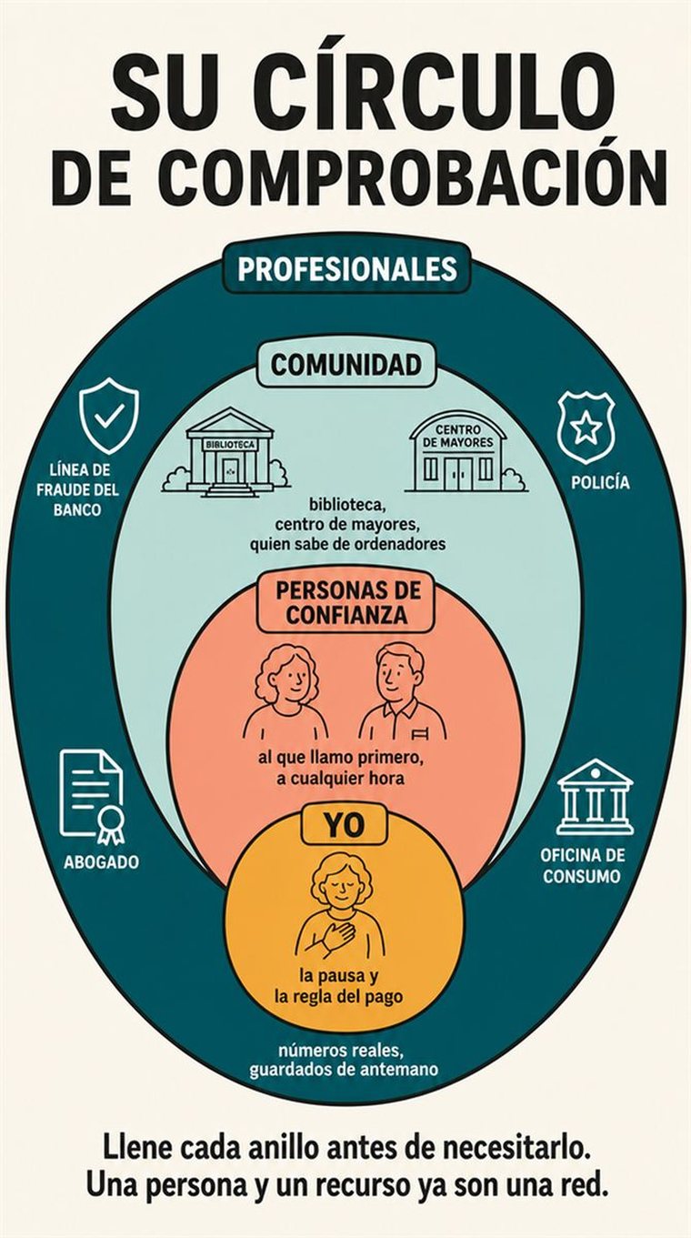Anillos concéntricos de apoyo —uno mismo, personas de confianza, comunidad y profesionales— representados con personas y símbolos, sin palabras.