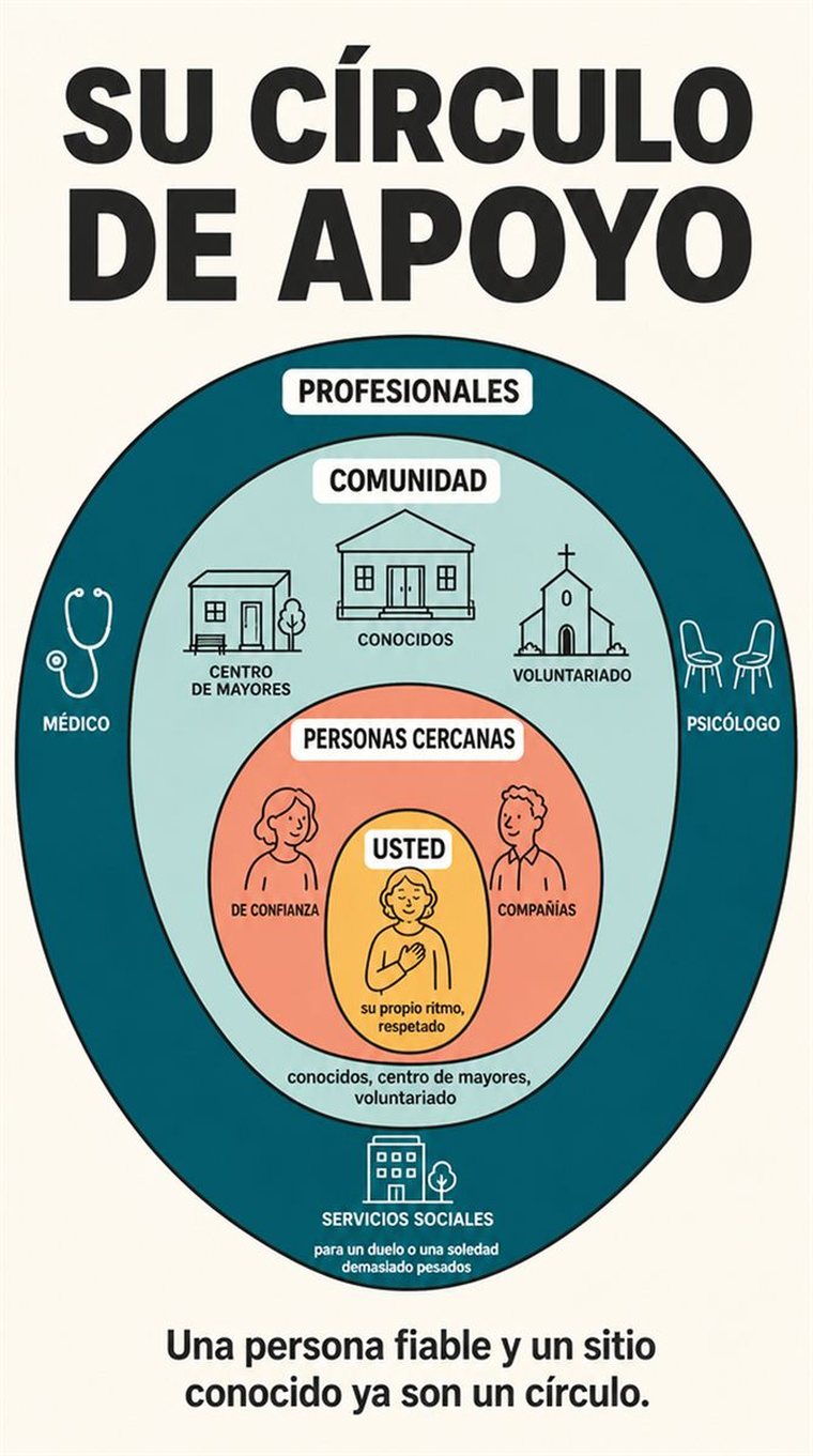 Anillos de apoyo concéntricos —uno mismo, personas de confianza, comunidad y profesionales— mostrados con personas y símbolos, sin palabras.