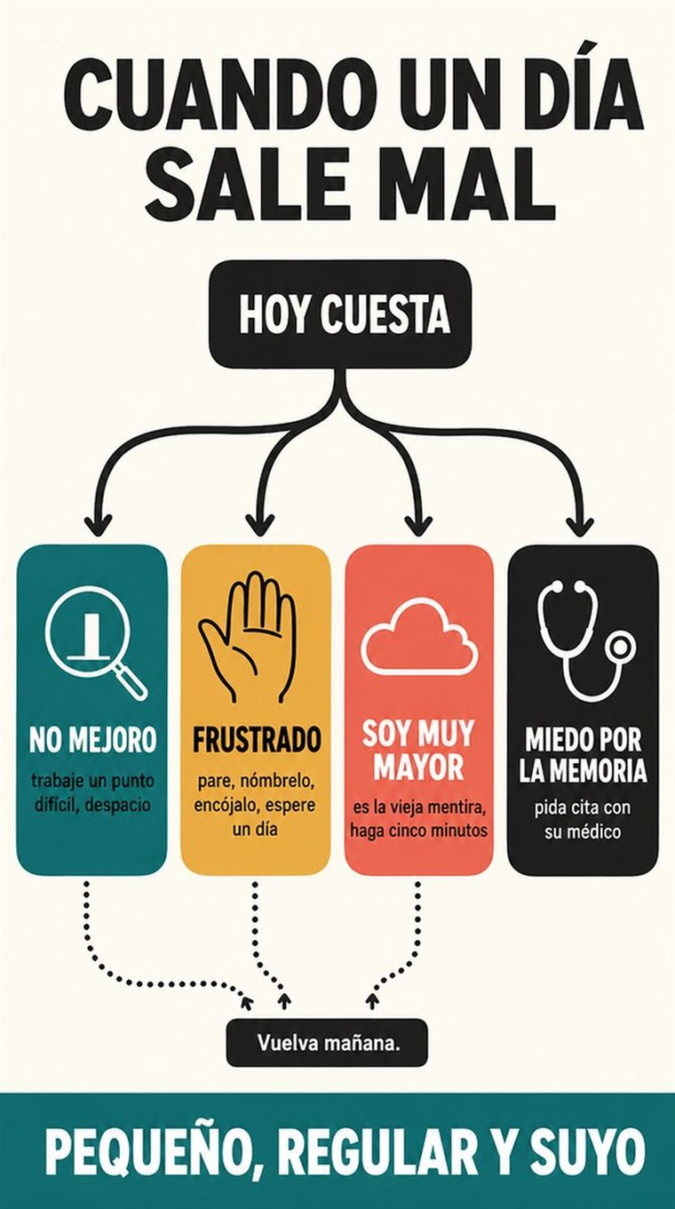 Un camino de decisión de cuatro etapas representado como estaciones visuales por las que avanza con calma una persona mayor, sin palabras.