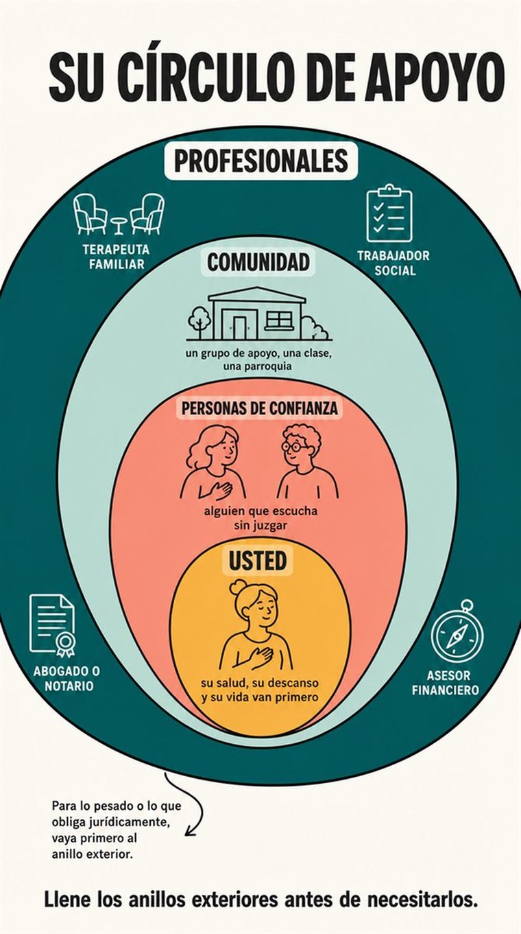 Anillos concéntricos de apoyo (usted, personas de confianza, comunidad y profesionales) representados con personas y símbolos, sin palabras.