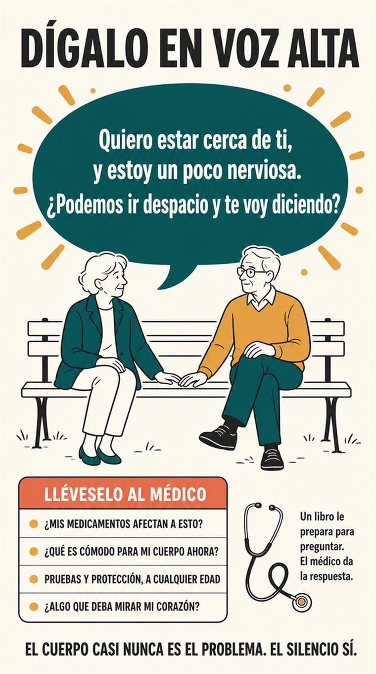 Una persona mayor prepara sus preguntas y una hoja breve de información antes de una consulta médica, sin imágenes diagnósticas.