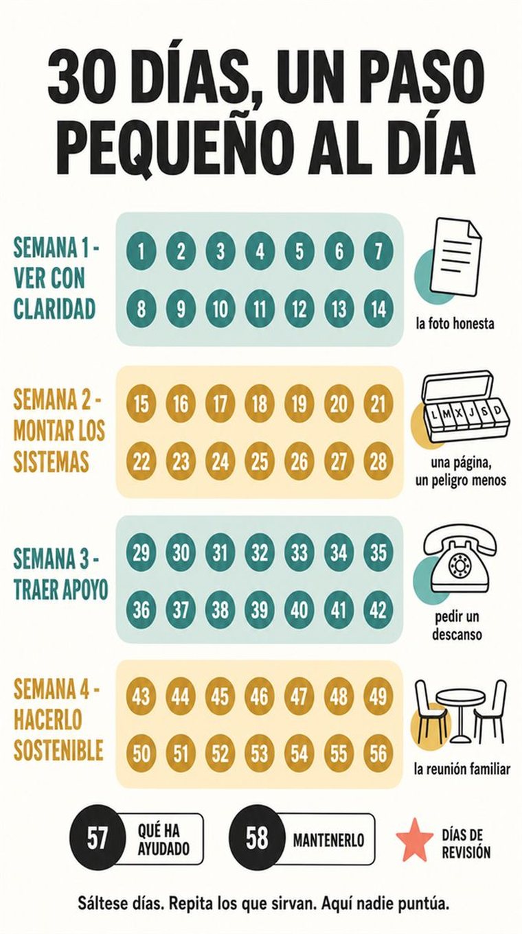 Una progresión serena de treinta días en cuatro grupos semanales y dos días de revisión, con formas sencillas y sin texto legible.