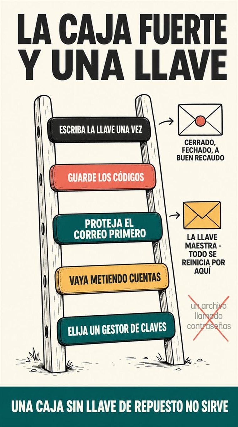 Una persona mayor configura un gestor de contraseñas seguro y un plan de recuperación con alguien de confianza, sin credenciales legibles.