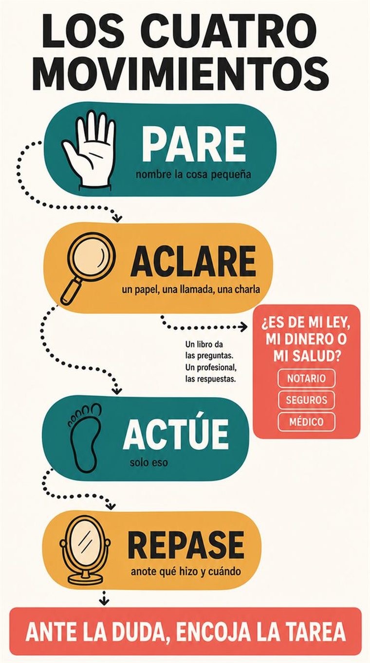Un recorrido de decisión en cuatro etapas, mostrado como estaciones visuales por las que avanza con calma una persona mayor, sin palabras.