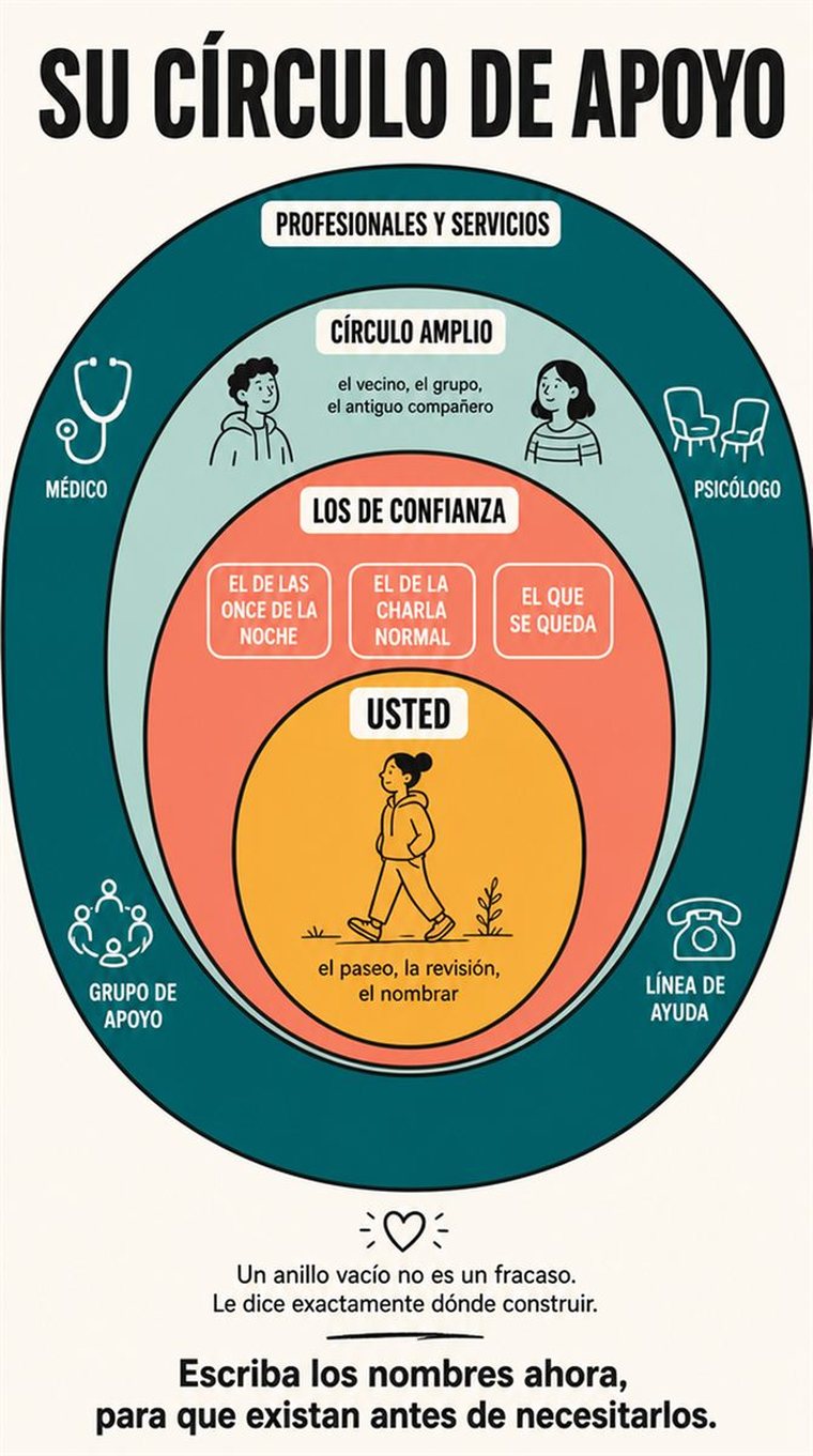 Anillos concéntricos de apoyo —uno mismo, las personas de confianza, la comunidad y los profesionales— mostrados con personas y símbolos, sin palabras.