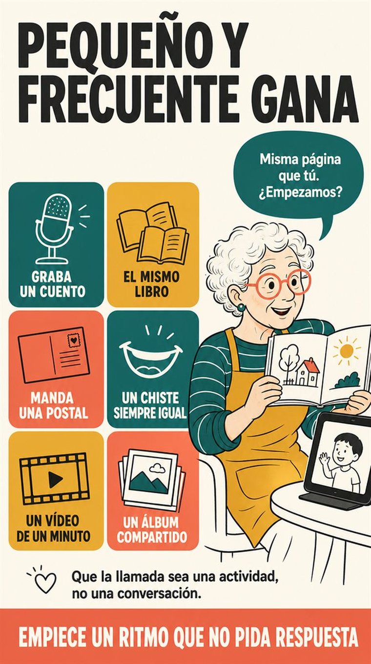 Una persona mayor resuelve paso a paso la decisión práctica que representa «la distancia y el vínculo a través de la pantalla», en un entorno acogedor y con herramientas cotidianas.