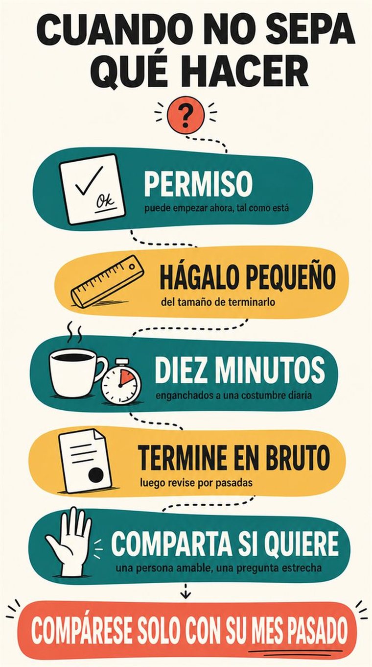 Un camino de decisión de cuatro etapas representado como estaciones visuales por las que avanza con calma una persona mayor, sin palabras.