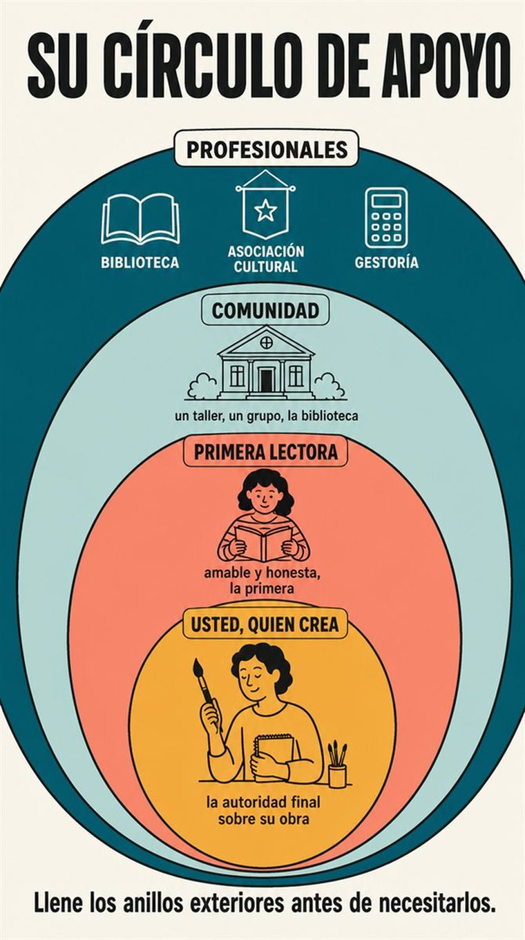 Anillos de apoyo concéntricos —usted, personas de confianza, comunidad, profesionales— representados con personas y símbolos, sin palabras.