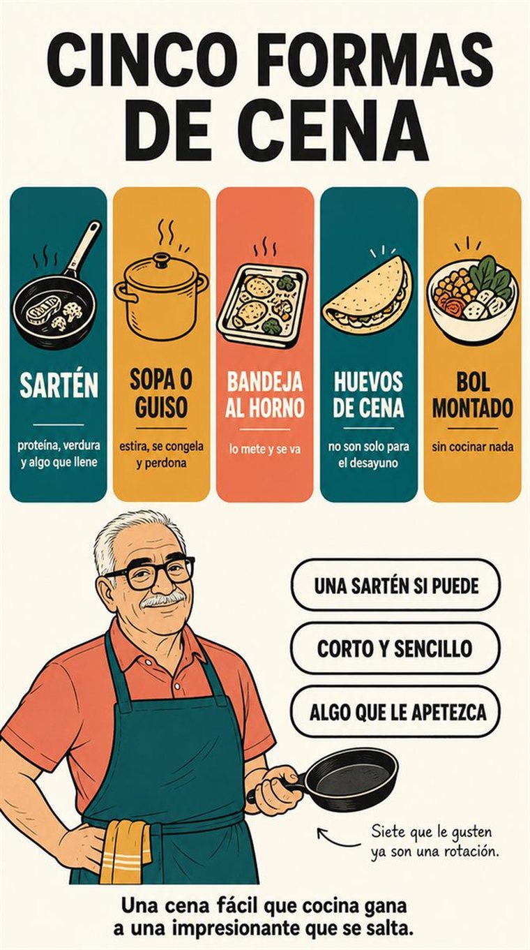Una persona mayor resuelve la decisión práctica que representan «las cenas fáciles», con una secuencia clara, un entorno acogedor y utensilios corrientes.