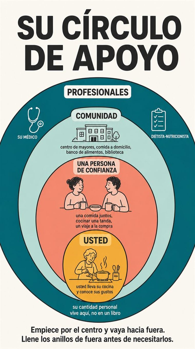 Anillos concéntricos de apoyo —uno mismo, personas de confianza, comunidad y profesionales— representados con personas y símbolos, sin palabras.