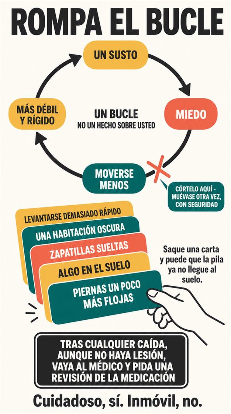 Una persona mayor realiza un movimiento funcional seguro junto a un apoyo firme, en una casa luminosa o en un espacio comunitario.