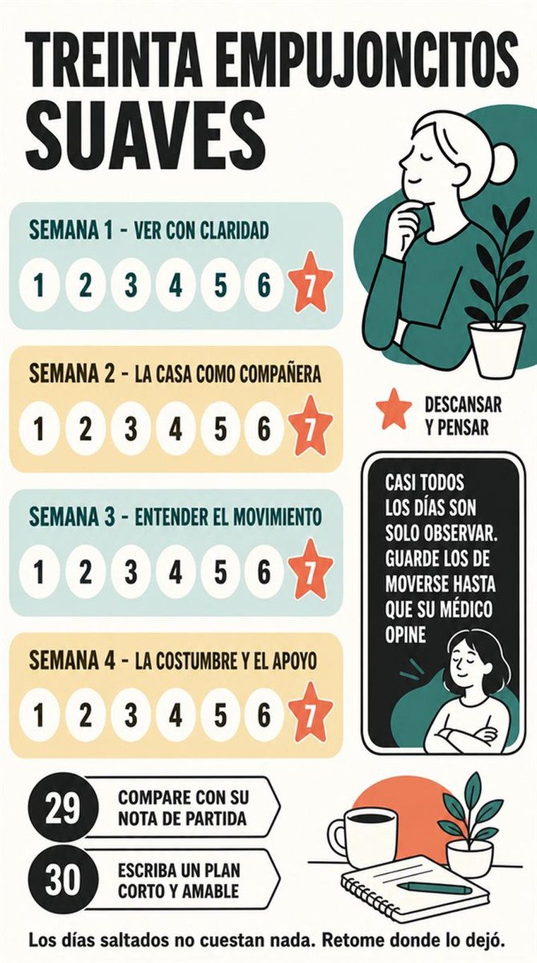 Una progresión serena de treinta días en cuatro grupos semanales y dos días de repaso, con formas sencillas y sin texto legible.