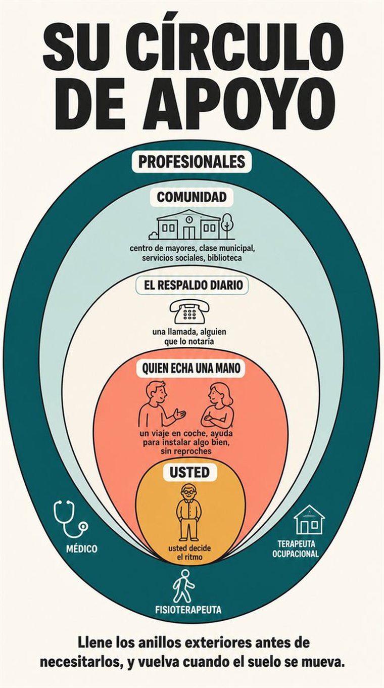 Anillos concéntricos de apoyo —usted, personas de confianza, comunidad y profesionales— representados con personas y símbolos, sin palabras.