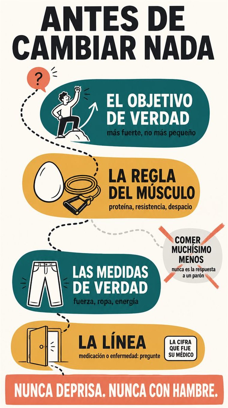 Un camino de decisión de cuatro etapas, representado como cuatro estaciones visuales por las que avanza con calma una persona mayor, sin palabras.