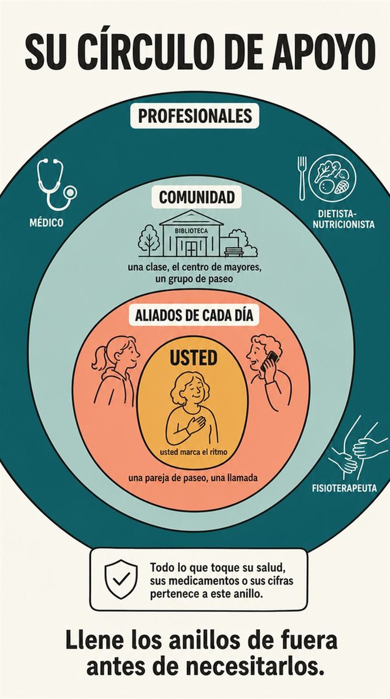 Anillos concéntricos de apoyo —usted, las personas de confianza, la comunidad y los profesionales— representados con personas y símbolos, sin palabras.