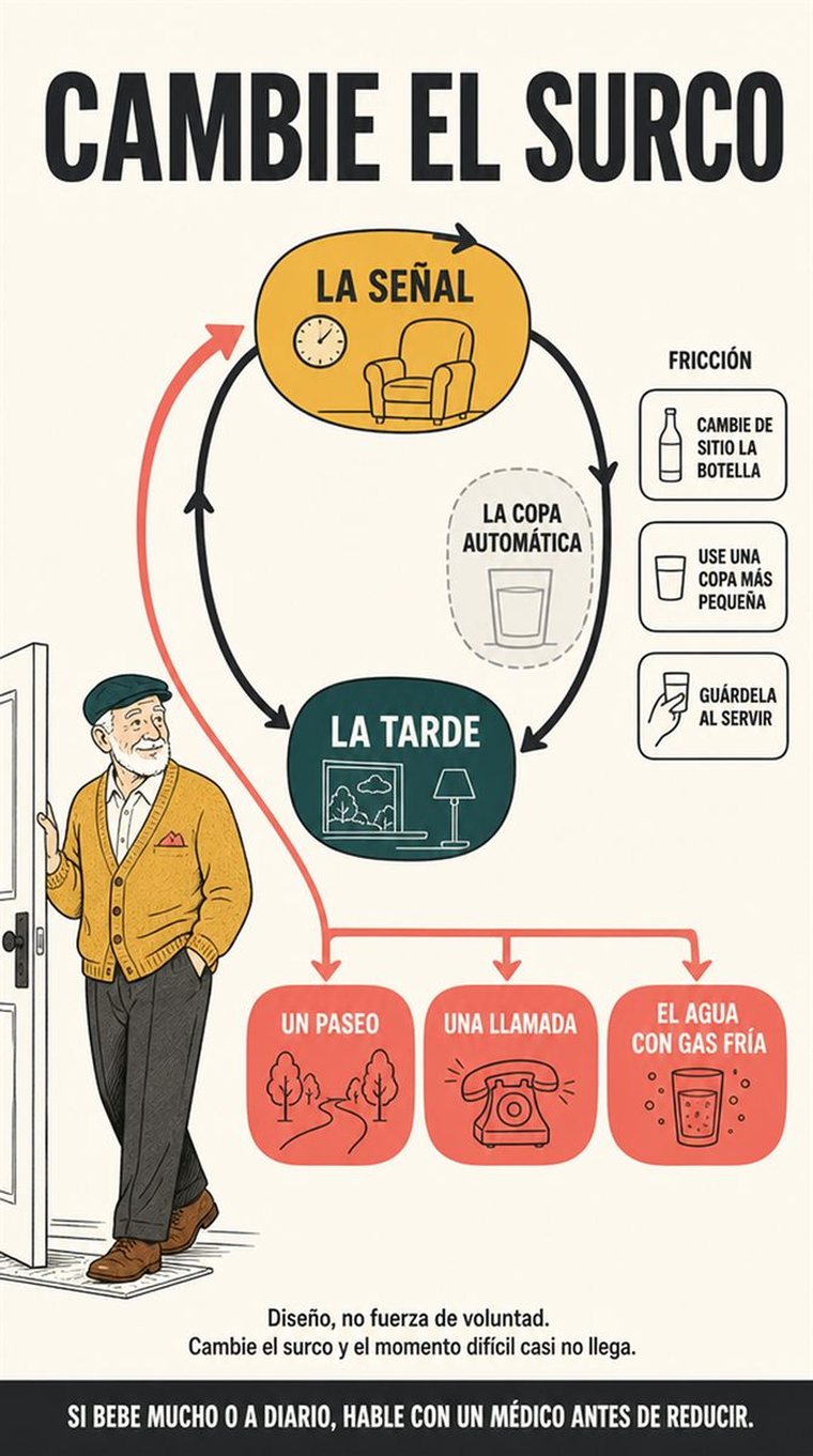 Una persona mayor resuelve la decisión práctica que representa «reducir», con una secuencia clara, un entorno que la acompaña y utensilios corrientes.