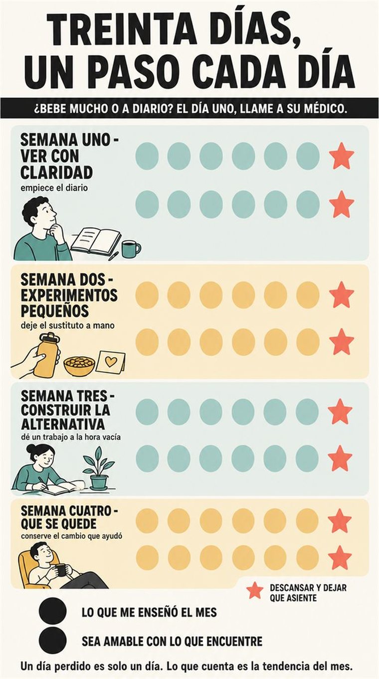 Una progresión serena de treinta días en cuatro grupos semanales y dos días de revisión, con formas sencillas y sin texto legible.