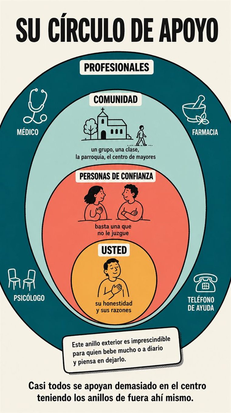 Anillos concéntricos de apoyo —usted, personas de confianza, comunidad y profesionales— representados con personas y símbolos, sin palabras.