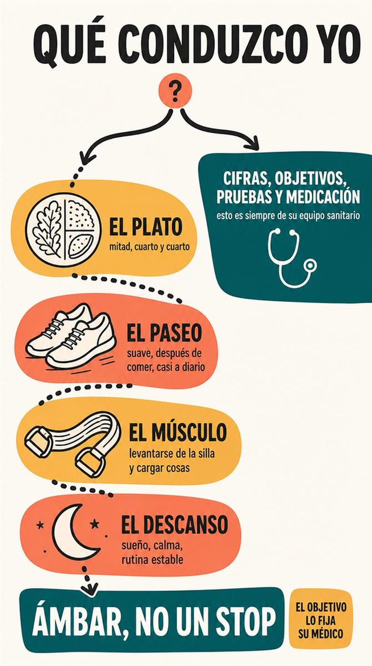 Un camino de decisión de cuatro etapas, mostrado como estaciones visuales por las que avanza con calma una persona mayor, sin palabras.