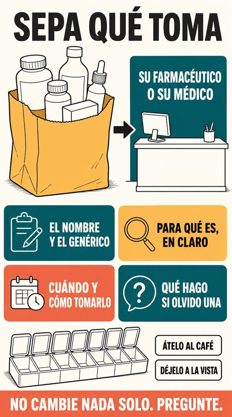 Una persona mayor y su farmacéutica repasan una lista completa de medicamentos y un sistema diario bien ordenado.