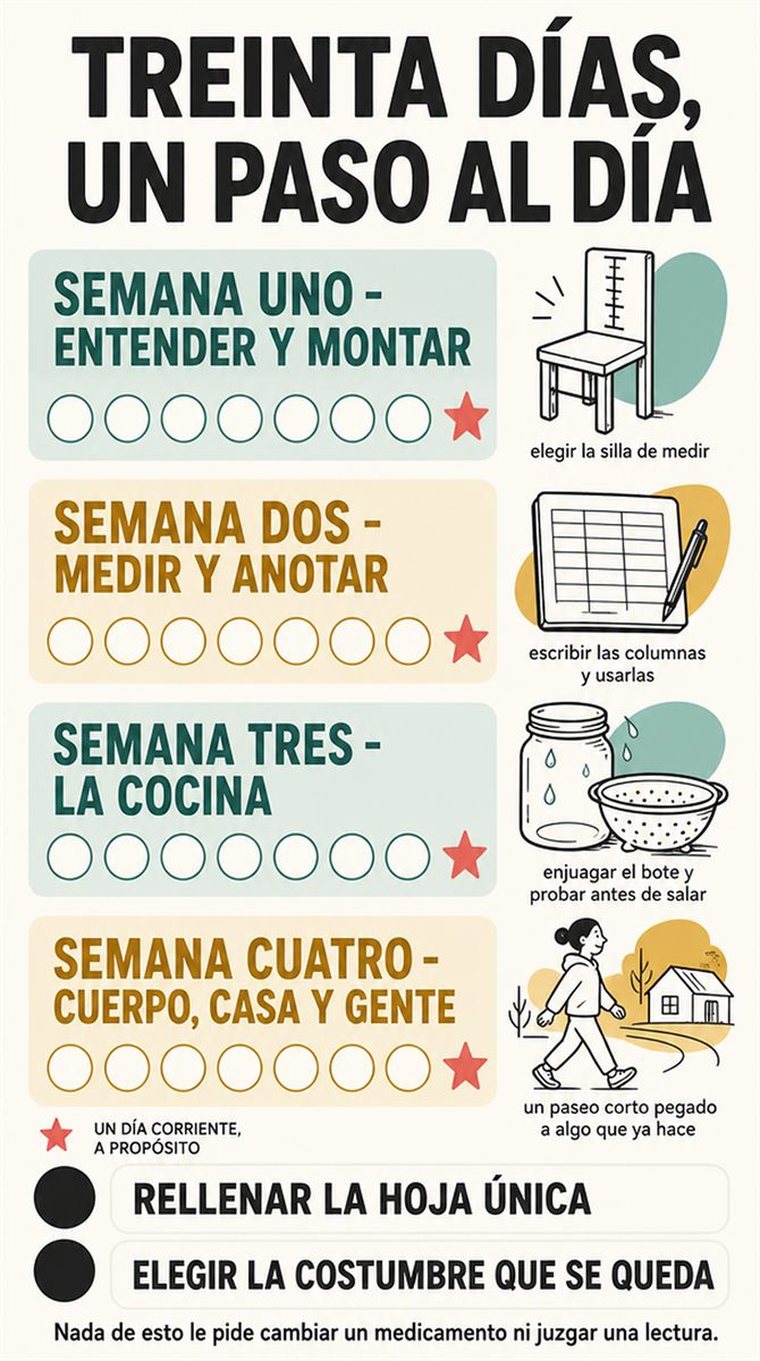 Una progresión serena de treinta días como cuatro grupos semanales y dos días de repaso, con formas sencillas y sin texto legible.