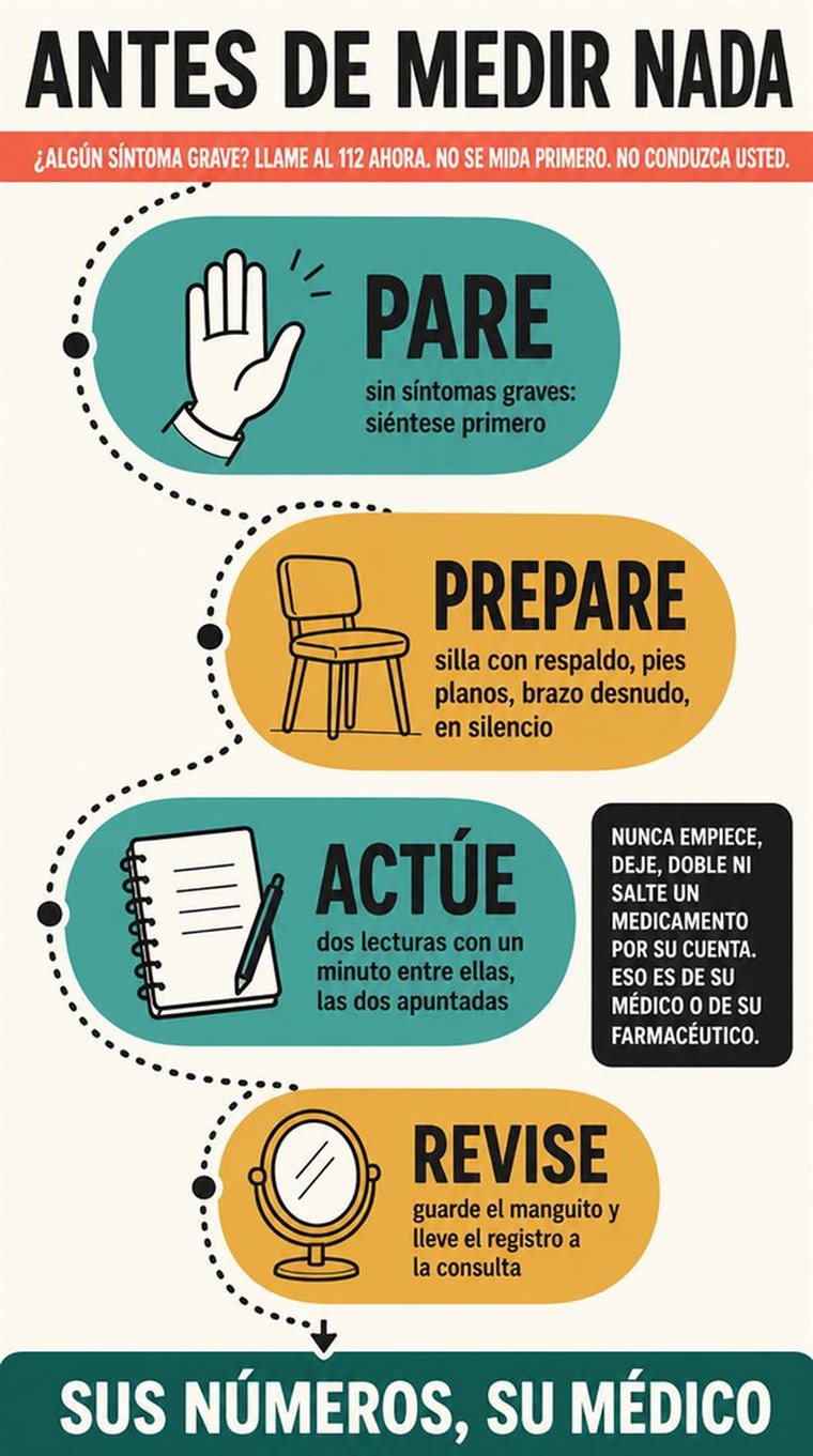 Un camino de decisión de cuatro etapas mostrado como estaciones visuales por las que avanza con calma una persona mayor, sin palabras.
