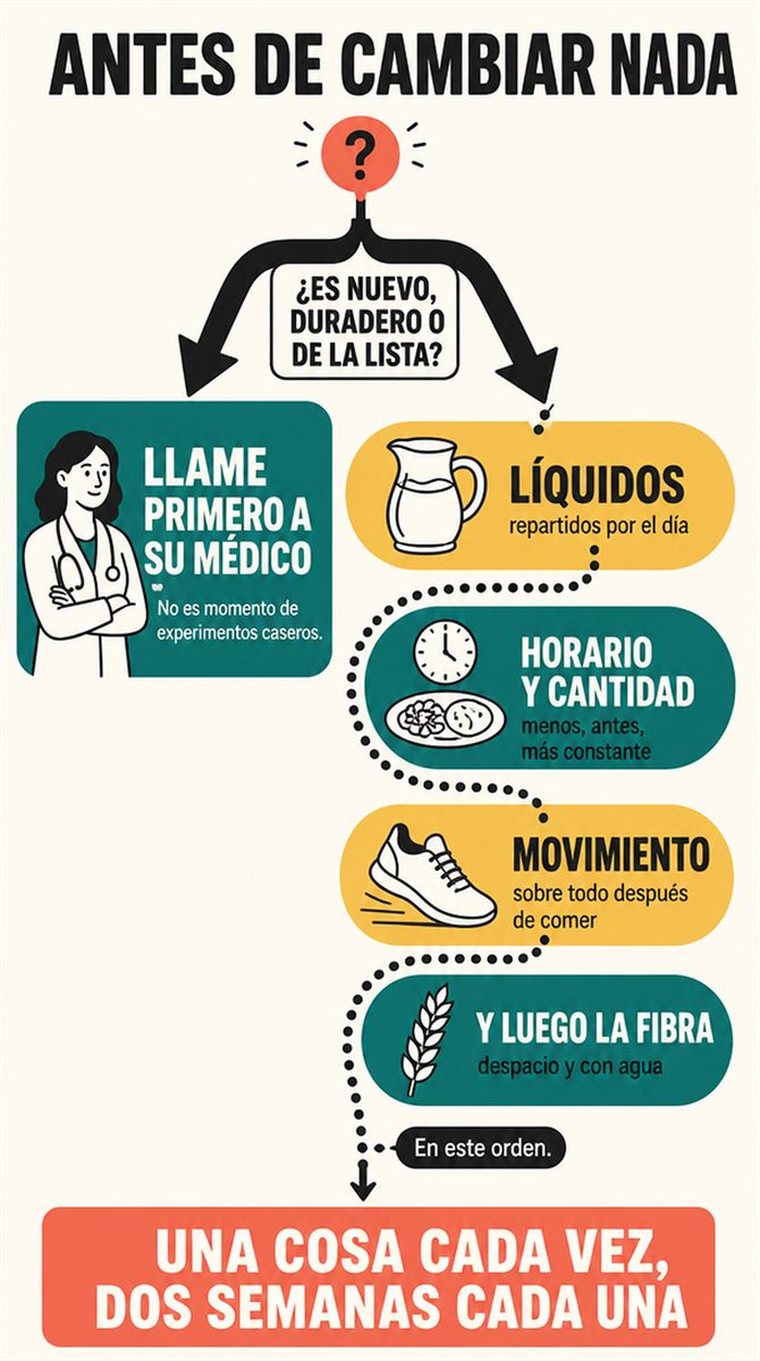 Un camino de decisión de cuatro etapas mostrado como cuatro estaciones visuales por las que avanza con calma una persona mayor, sin palabras.