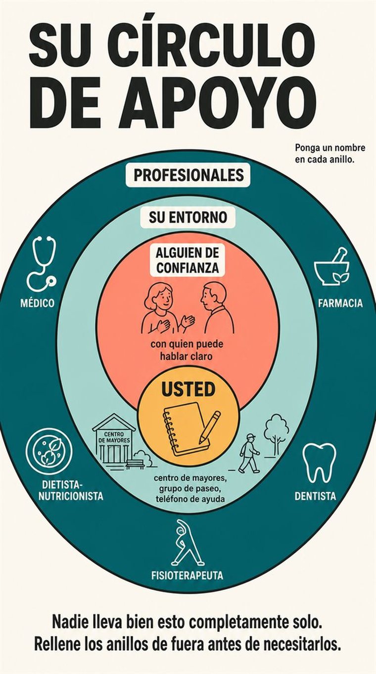 Anillos concéntricos de apoyo —uno mismo, personas de confianza, comunidad, profesionales— representados con personas y símbolos, sin palabras.