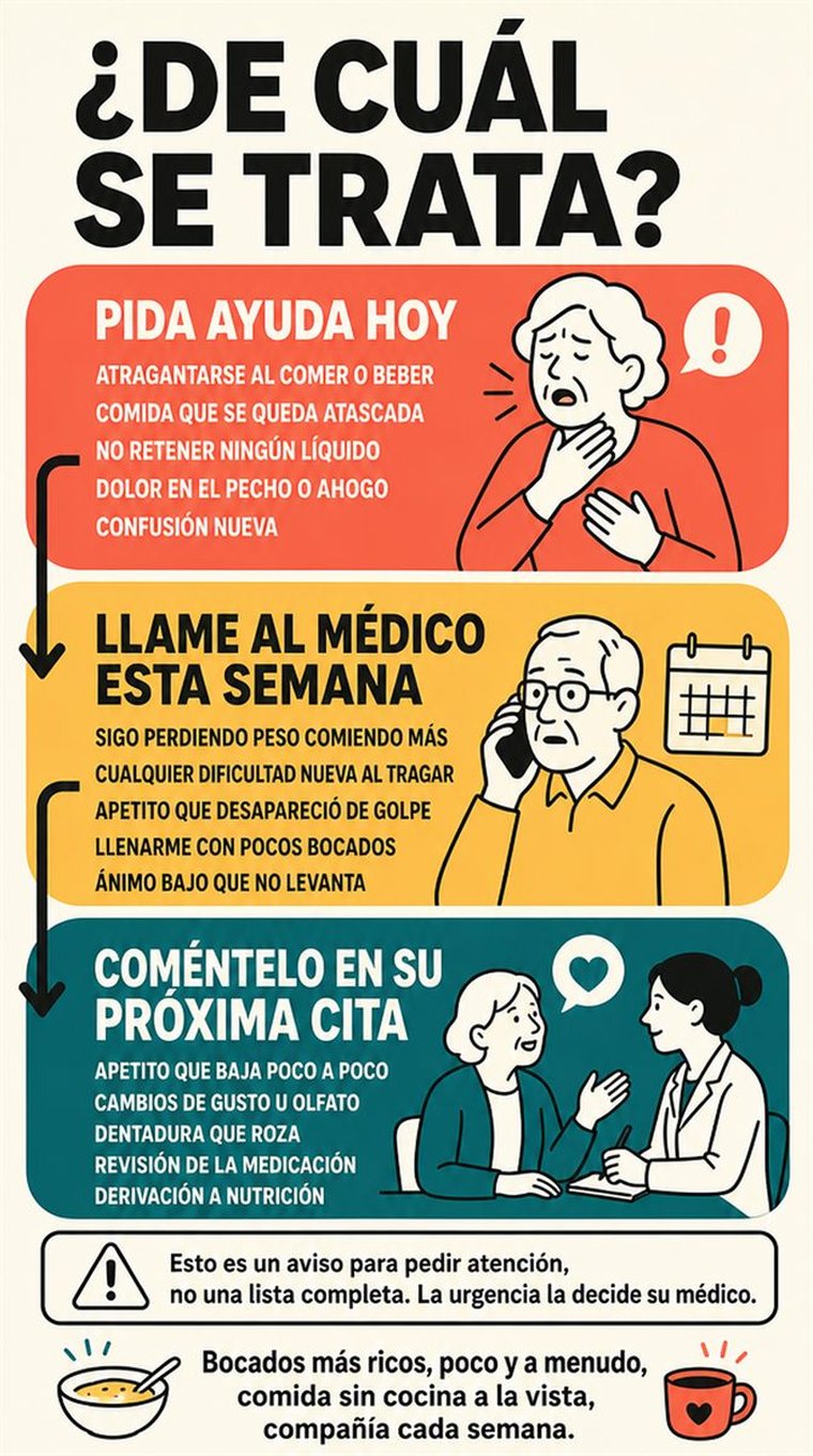 Un camino de decisión de cuatro etapas representado como cuatro estaciones visuales por las que avanza con calma una persona mayor, sin palabras.