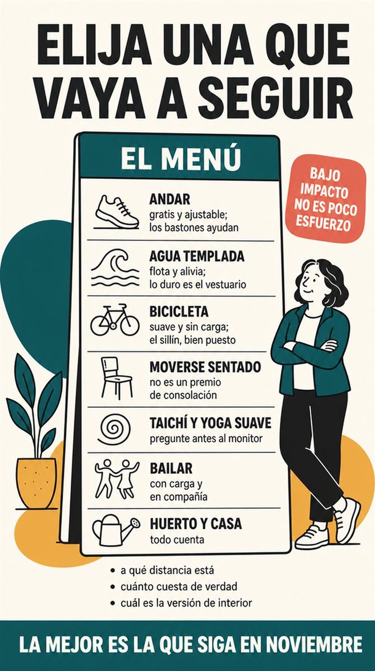 Una persona mayor realiza un movimiento funcional seguro junto a un apoyo firme, en una casa luminosa o en una sala comunitaria.