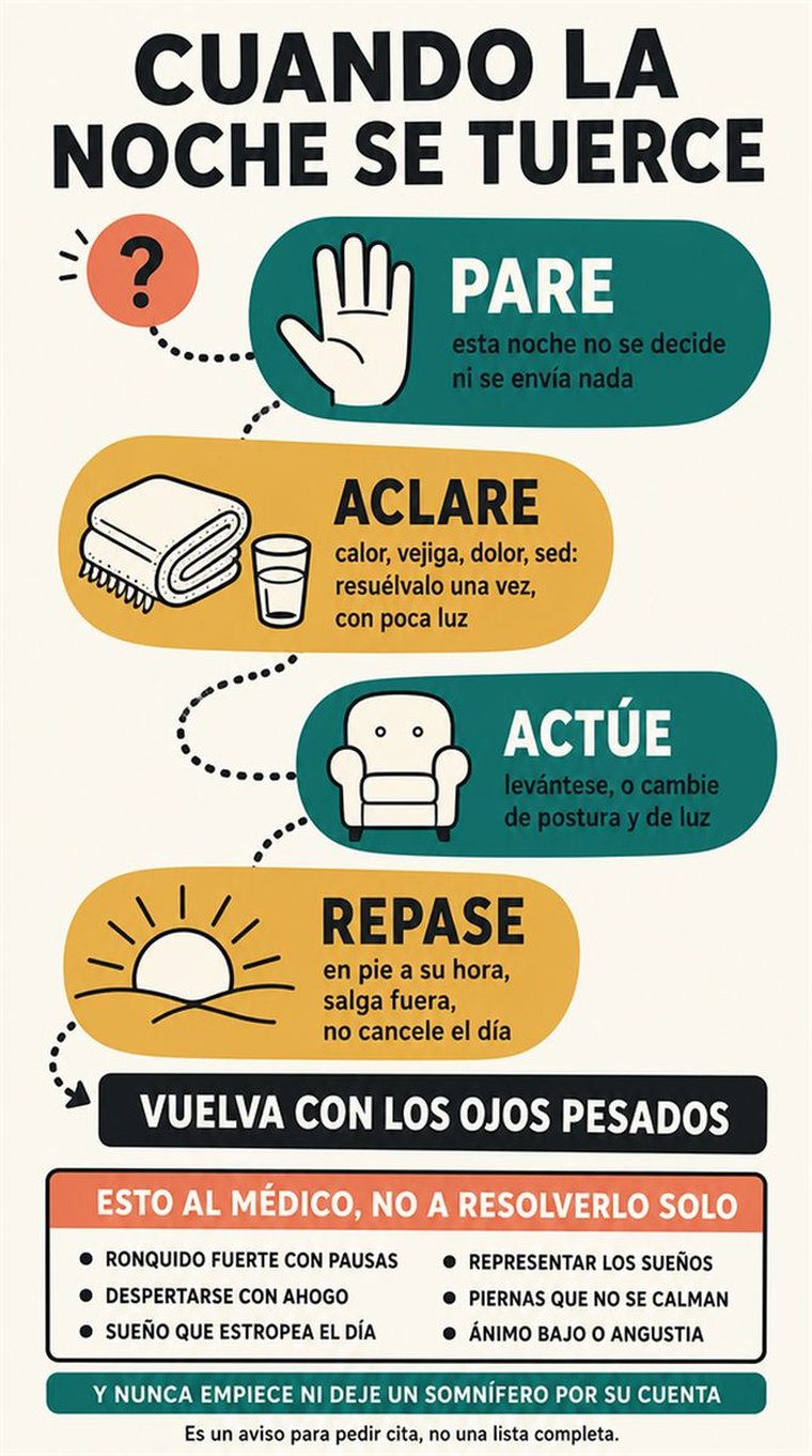 Un camino de decisión de cuatro etapas mostrado como estaciones visuales por las que avanza con calma una persona mayor, sin palabras.