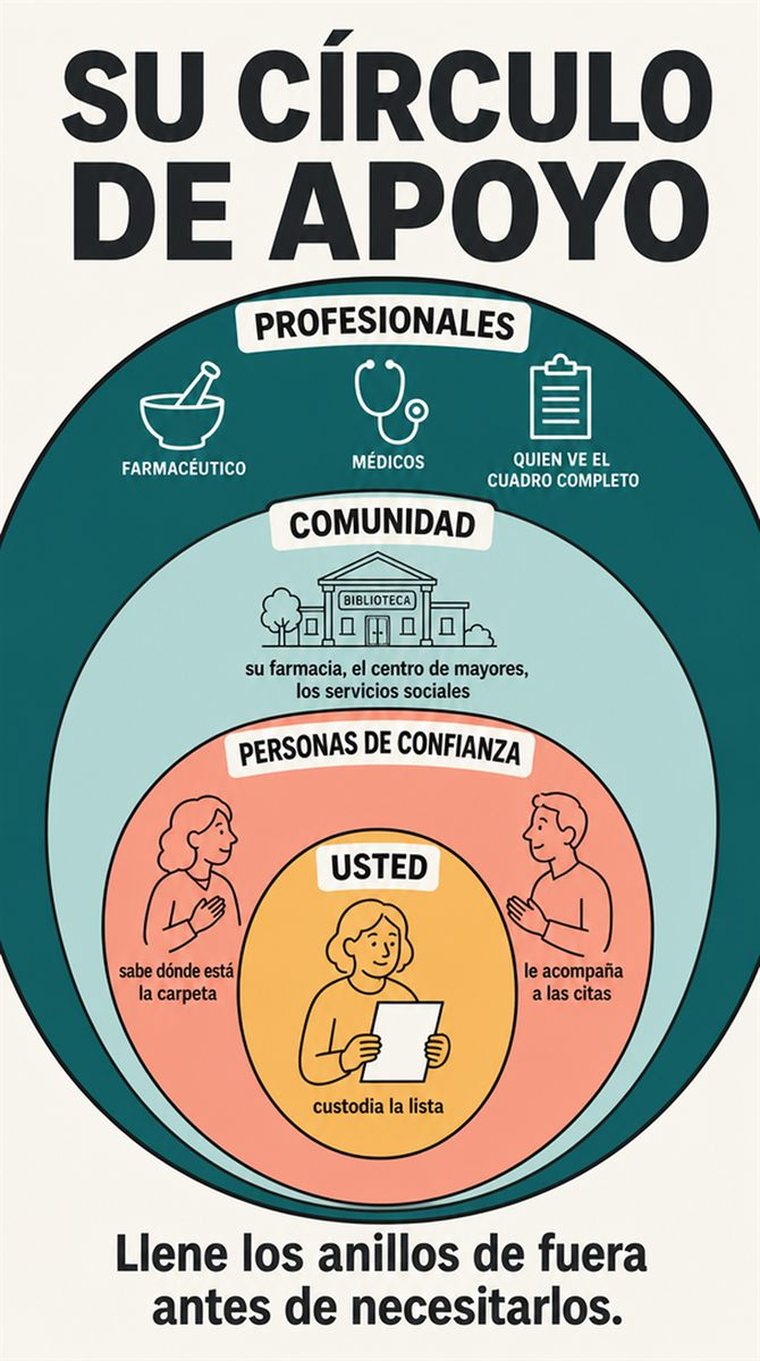 Anillos concéntricos de apoyo —usted, personas de confianza, comunidad y profesionales— representados con personas y símbolos, sin palabras.