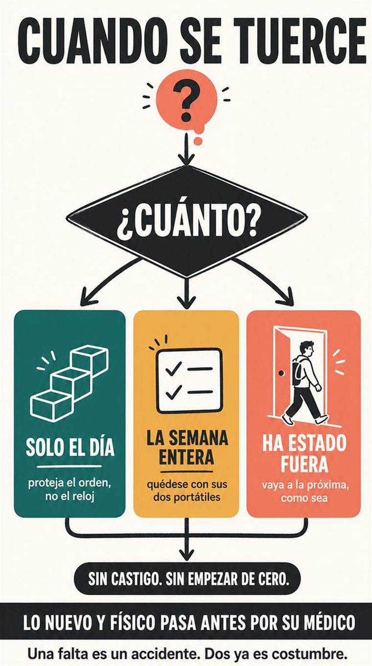 Un camino de decisión de cuatro etapas mostrado como estaciones visuales por las que avanza con calma una persona mayor, sin palabras.