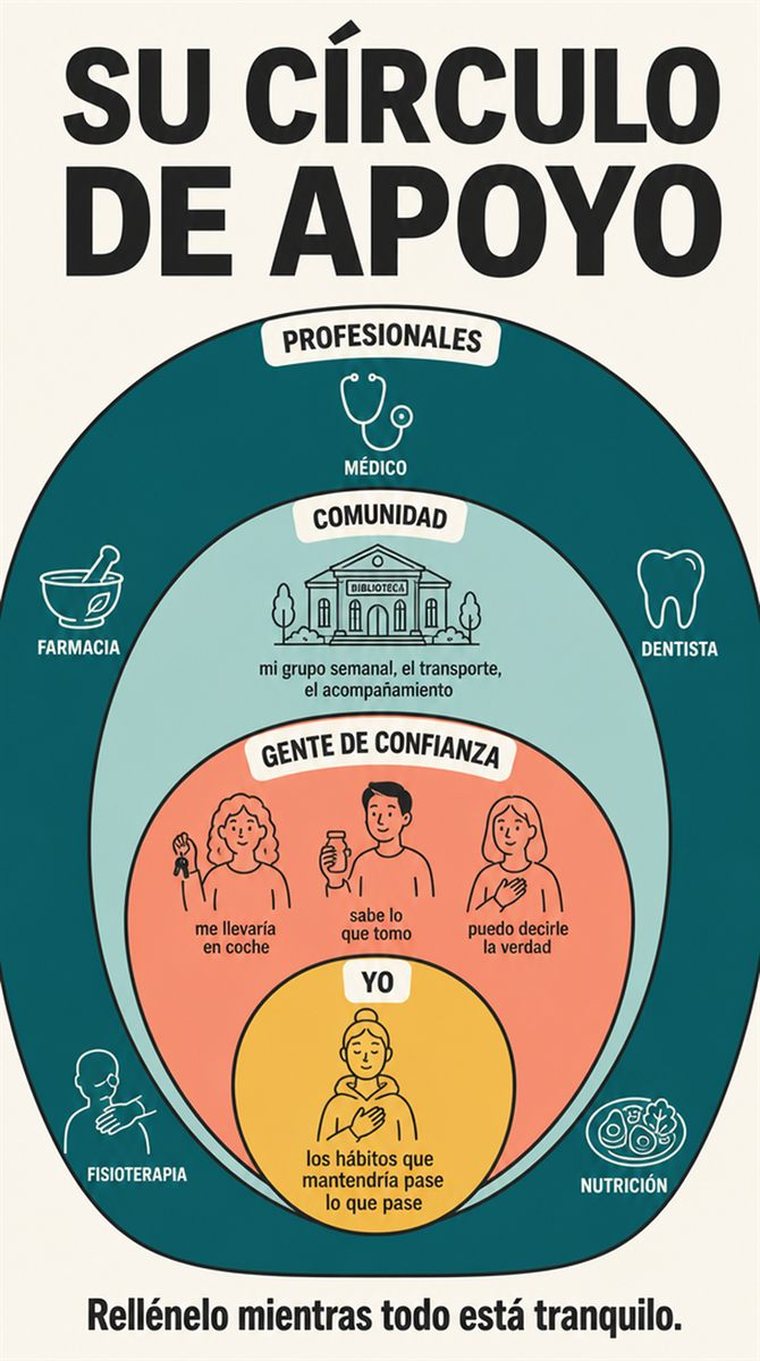 Anillos concéntricos de apoyo —uno mismo, las personas de confianza, la comunidad y los profesionales— representados con personas y símbolos, sin palabras.