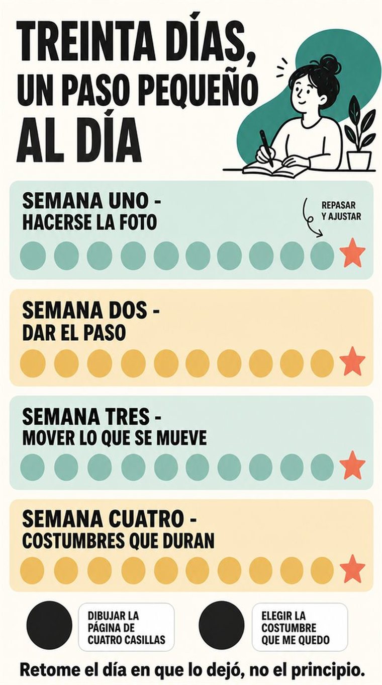 Una progresión serena de treinta días en cuatro grupos semanales y dos días de repaso, con formas sencillas y sin texto legible.