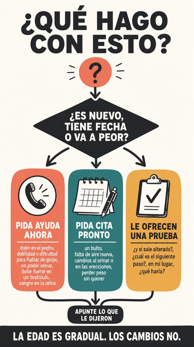 Un camino de decisión de cuatro etapas, mostrado como cuatro estaciones visuales por las que avanza con calma una persona mayor, sin palabras.