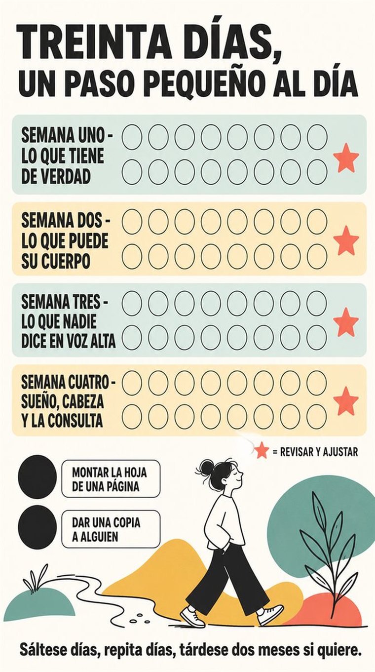 Una progresión serena de treinta días en cuatro grupos semanales y dos días de revisión, con formas sencillas y sin texto legible.